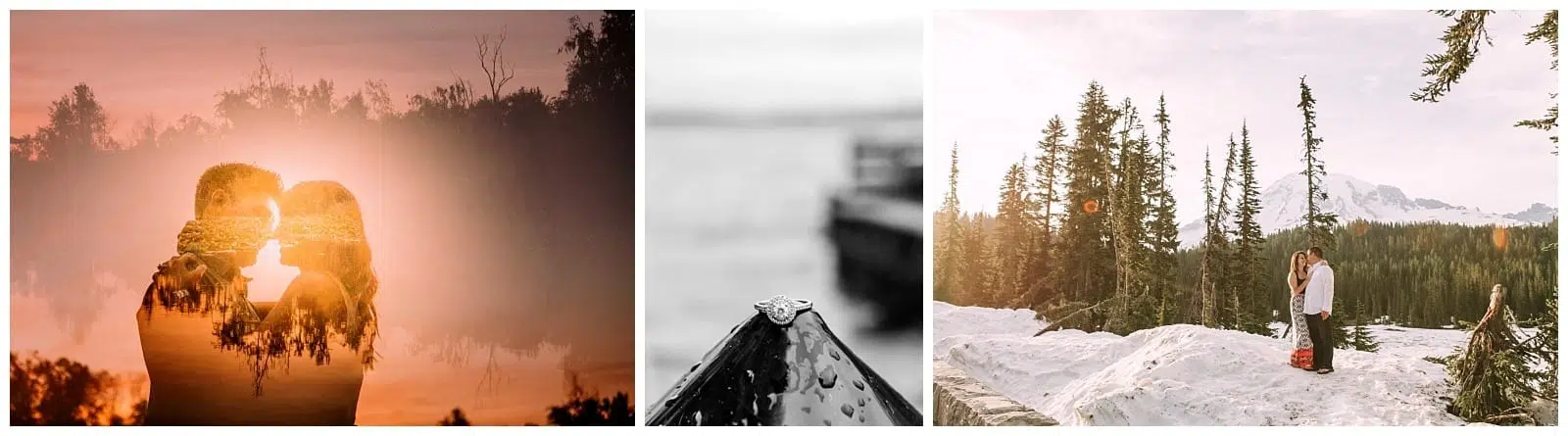 Premier Snohomish & Seattle Wedding Photographer | GSquared Weddings Photography A collage of three images: a couple’s silhouette blended with a Snohomish sunset, a close-up of an engagement ring on a wet surface, and a couple embracing in a snowy mountain landscape near Seattle. 47.9129° N, 122.0982° W | Serving Snohomish, Seattle , Orlando & Beyond
