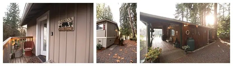 Three views of a rustic Snohomish cabin: a front porch with a Welcome to the Cabin sign, the side nestled among trees and fallen leaves, and a covered porch with outdoor decorations in a wooded area. Snohomish Wedding Photography