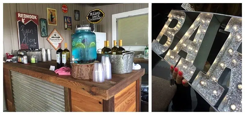 A rustic wooden bar in Snohomish with bottles, a large blue drink dispenser, metal buckets, plastic cups, and vintage bar signs; next to a close-up of a lit-up sign spelling BAR with silver glitter. Snohomish Wedding Photography