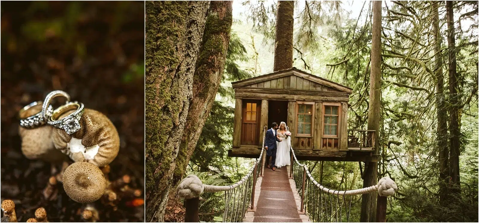 A split image: on the left, wedding rings rest atop mushrooms on a Snohomish forest floor; on the right, a bride and groom stand on a rope bridge leading to a treehouse surrounded by lush green trees. Snohomish Wedding Photography
