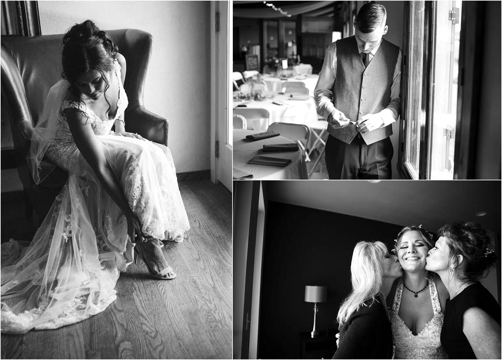 Premier Snohomish & Seattle Wedding Photographer | GSquared Weddings Photography A collage of three black-and-white Snohomish wedding photos: a bride putting on her shoe, a groom adjusting his vest by a window, and the bride smiling as two women kiss her cheeks affectionately. 47.9129° N, 122.0982° W | Serving Snohomish, Seattle , Orlando & Beyond