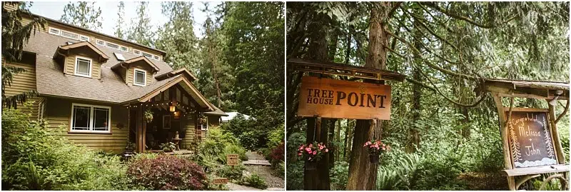 Premier Snohomish & Seattle Wedding Photographer | GSquared Weddings Photography A cozy wooden cabin surrounded by lush greenery on the left; on the right, wooden signs reading Tree House Point and Welcome stand among tall trees—an enchanting spot perfect for a Snohomish Seattle wedding engagement. 47.9129° N, 122.0982° W | Serving Snohomish, Seattle , Orlando & Beyond