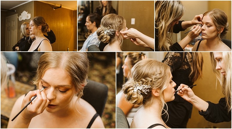 Premier Snohomish & Seattle Wedding Photographer | GSquared Weddings Photography A collage of five photos shows a woman getting her makeup done by a makeup artist for her Snohomish wedding, including close-ups of eye makeup and shots of her styled hair with a floral hairpiece, perfect for a Seattle engagement look. 47.9129° N, 122.0982° W | Serving Snohomish, Seattle , Orlando & Beyond