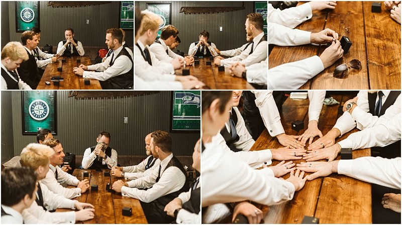 Premier Snohomish & Seattle Wedding Photographer | GSquared Weddings Photography A collage of men in formal wear sitting around a wooden table, laughing, talking, and stacking their hands together in unity. A sports logo and a Snohomish Seattle Wedding Engagement sign are visible on the wall behind them. 47.9129° N, 122.0982° W | Serving Snohomish, Seattle , Orlando & Beyond