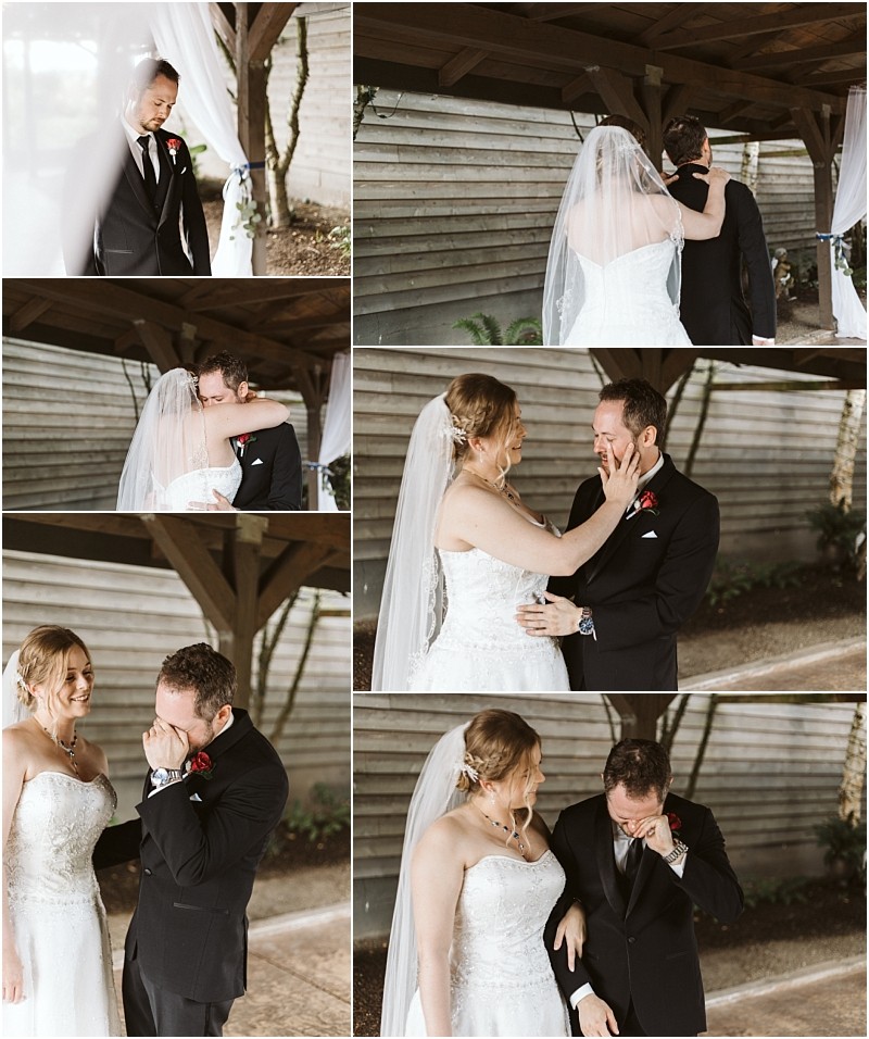 Premier Snohomish & Seattle Wedding Photographer | GSquared Weddings Photography A bride and groom share an emotional first look before their Snohomish wedding, embracing, laughing, and shedding happy tears together under a wooden shelter outdoors. 47.9129° N, 122.0982° W | Serving Snohomish, Seattle , Orlando & Beyond