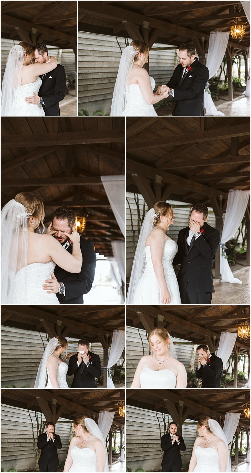 Premier Snohomish & Seattle Wedding Photographer | GSquared Weddings Photography A bride and groom stand under a wooden pavilion in Snohomish, having an emotional first look before their Seattle wedding. Both appear tearful and joyful, hugging, holding hands, and wiping their eyes as they see each other. 47.9129° N, 122.0982° W | Serving Snohomish, Seattle , Orlando & Beyond