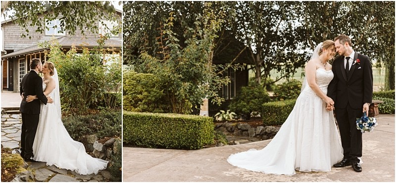 Premier Snohomish & Seattle Wedding Photographer | GSquared Weddings Photography Two wedding photos show a bride in a white gown and groom in a black suit outdoors near Snohomish, surrounded by greenery. In both images, the couple shares an intimate, joyful moment near a rustic building—a perfect Seattle wedding engagement setting. 47.9129° N, 122.0982° W | Serving Snohomish, Seattle , Orlando & Beyond