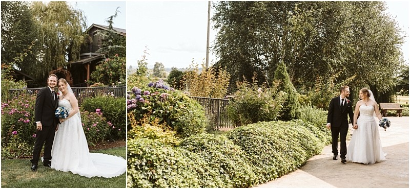 Premier Snohomish & Seattle Wedding Photographer | GSquared Weddings Photography A bride and groom in wedding attire stand together in a garden near Snohomish, smiling, and walk hand in hand along a path lined with greenery and flowers, capturing the charm of a Seattle wedding engagement. 47.9129° N, 122.0982° W | Serving Snohomish, Seattle , Orlando & Beyond