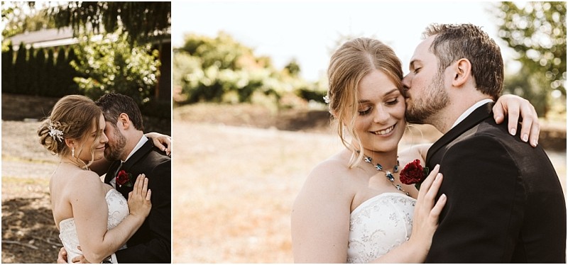 Premier Snohomish & Seattle Wedding Photographer | GSquared Weddings Photography A bride and groom embrace outdoors at their Snohomish Seattle wedding. The groom, in a black suit, gently kisses the bride’s cheek while she smiles, holding him close in her strapless white dress with a decorative pin in her hair. 47.9129° N, 122.0982° W | Serving Snohomish, Seattle , Orlando & Beyond