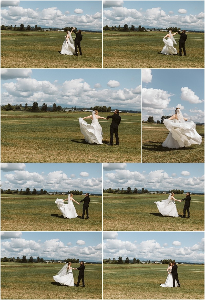 Premier Snohomish & Seattle Wedding Photographer | GSquared Weddings Photography A bride and groom dance and twirl together in an open grassy field under a partly cloudy sky, enjoying a joyful Snohomish wedding moment on their special day. 47.9129° N, 122.0982° W | Serving Snohomish, Seattle , Orlando & Beyond