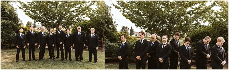 Premier Snohomish & Seattle Wedding Photographer | GSquared Weddings Photography A group of men in black suits and ties stand outside on grass in front of leafy trees, some smiling and some looking down, posing for Snohomish Seattle wedding or engagement photos. 47.9129° N, 122.0982° W | Serving Snohomish, Seattle , Orlando & Beyond