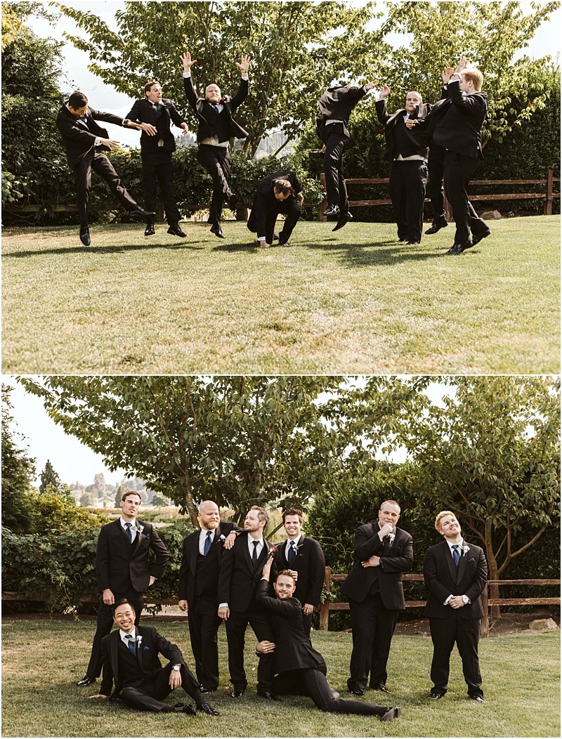 Premier Snohomish & Seattle Wedding Photographer | GSquared Weddings Photography Two photos from a Snohomish Seattle wedding: eight men in black suits outdoors. In the top image, they strike playful, jumping poses; in the bottom, they pose more formally, some standing or kneeling, all smiling. 47.9129° N, 122.0982° W | Serving Snohomish, Seattle , Orlando & Beyond