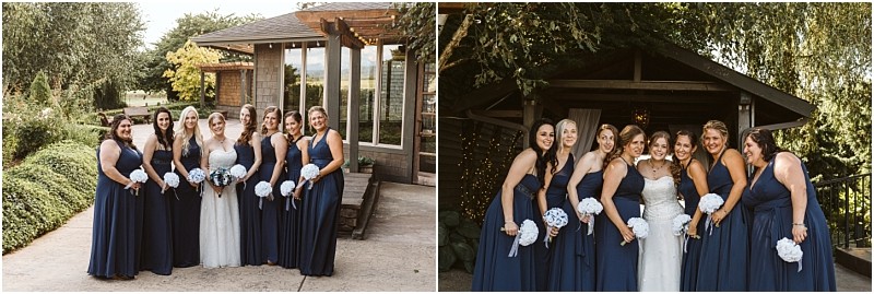 Premier Snohomish & Seattle Wedding Photographer | GSquared Weddings Photography Two photos of a bride in a white dress with seven bridesmaids in navy blue dresses, all holding white bouquets, outside near lush greenery and a wooden building at a Snohomish Seattle wedding. 47.9129° N, 122.0982° W | Serving Snohomish, Seattle , Orlando & Beyond