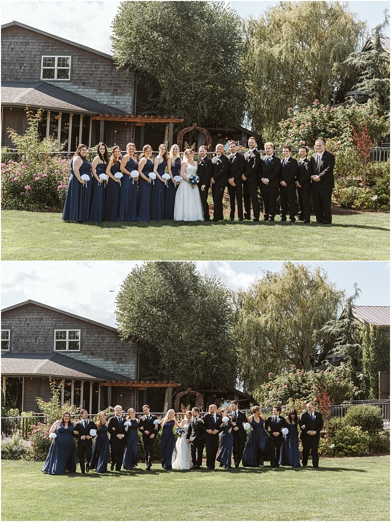 Premier Snohomish & Seattle Wedding Photographer | GSquared Weddings Photography Two photos stacked vertically capture a joyful Snohomish wedding party outdoors. The bride, groom, bridesmaids in navy dresses, and groomsmen in black suits pose and laugh together in front of a charming house and garden. 47.9129° N, 122.0982° W | Serving Snohomish, Seattle , Orlando & Beyond
