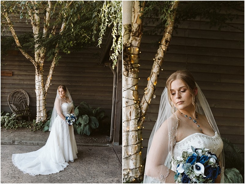 Premier Snohomish & Seattle Wedding Photographer | GSquared Weddings Photography A bride in a white gown with a long train and veil stands outdoors by birch trees wrapped in string lights, holding a blue and white bouquet and looking serene at her Snohomish Seattle wedding. 47.9129° N, 122.0982° W | Serving Snohomish, Seattle , Orlando & Beyond