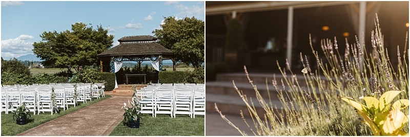 Premier Snohomish & Seattle Wedding Photographer | GSquared Weddings Photography An outdoor Snohomish wedding setup with rows of white chairs facing a gazebo, surrounded by greenery. On the right, a close-up of lavender flowers and steps leading to a building in the background. 47.9129° N, 122.0982° W | Serving Snohomish, Seattle , Orlando & Beyond