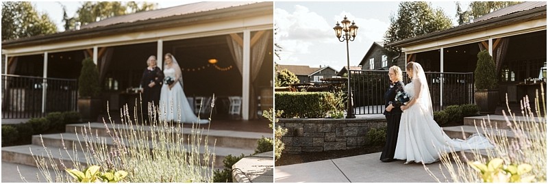 Premier Snohomish & Seattle Wedding Photographer | GSquared Weddings Photography A bride in a white gown and veil walks arm-in-arm with an older woman outside a rustic Snohomish venue, surrounded by greenery and sunlight, on her wedding day. 47.9129° N, 122.0982° W | Serving Snohomish, Seattle , Orlando & Beyond