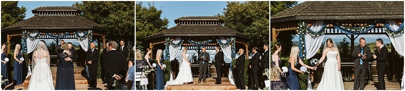 Premier Snohomish & Seattle Wedding Photographer | GSquared Weddings Photography A collage of three outdoor wedding ceremony photos in Snohomish near Seattle shows a bride, groom, and wedding party standing before a decorated wooden gazebo under a blue sky with greenery surrounding the scene. 47.9129° N, 122.0982° W | Serving Snohomish, Seattle , Orlando & Beyond