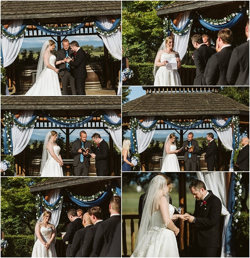 Premier Snohomish & Seattle Wedding Photographer | GSquared Weddings Photography A collage of six outdoor Snohomish wedding ceremony photos shows a bride and groom exchanging vows and rings under a wooden gazebo decorated with blue and white draping and flowers, with a celebrant and groomsmen standing nearby. 47.9129° N, 122.0982° W | Serving Snohomish, Seattle , Orlando & Beyond