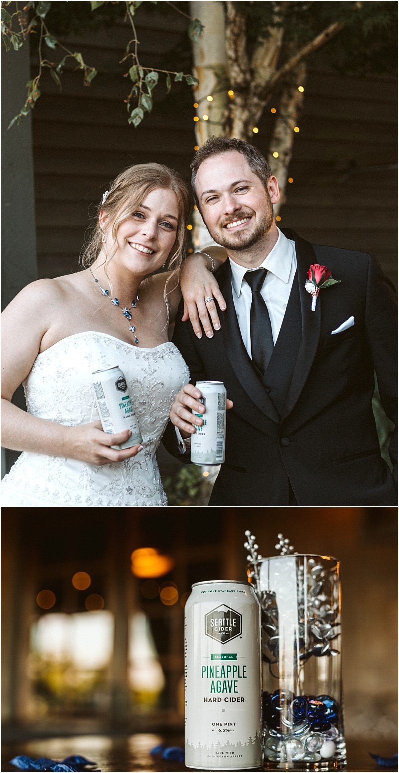 Premier Snohomish & Seattle Wedding Photographer | GSquared Weddings Photography A smiling bride and groom in wedding attire hold cans of Pineapple Agave hard cider at their Snohomish Seattle wedding; below, a close-up of the same cider can sits next to a glass vase with decorative branches. 47.9129° N, 122.0982° W | Serving Snohomish, Seattle , Orlando & Beyond