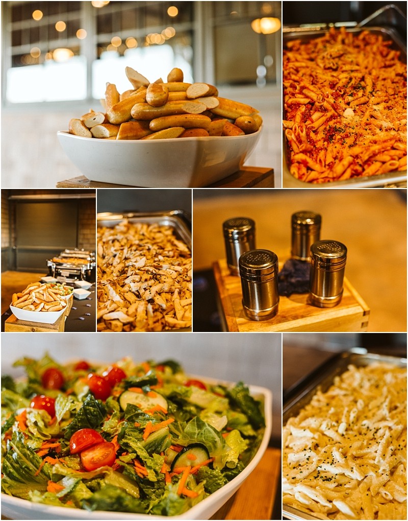 Premier Snohomish & Seattle Wedding Photographer | GSquared Weddings Photography A collage of buffet food items, including breadsticks, pasta dishes, seasoned fries, and a green salad with tomatoes—perfect for a Snohomish or Seattle wedding engagement—displayed in a warm, well-lit setting. 47.9129° N, 122.0982° W | Serving Snohomish, Seattle , Orlando & Beyond