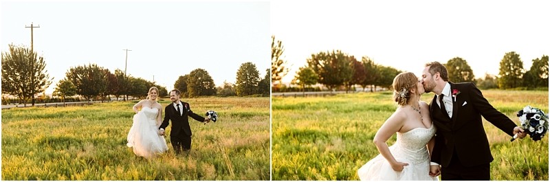 Premier Snohomish & Seattle Wedding Photographer | GSquared Weddings Photography Two side-by-side photos of a Snohomish Seattle wedding: in one, the bride and groom run joyfully holding hands in a grassy field at sunset; in the other, they share a kiss while the bride holds a bouquet. 47.9129° N, 122.0982° W | Serving Snohomish, Seattle , Orlando & Beyond