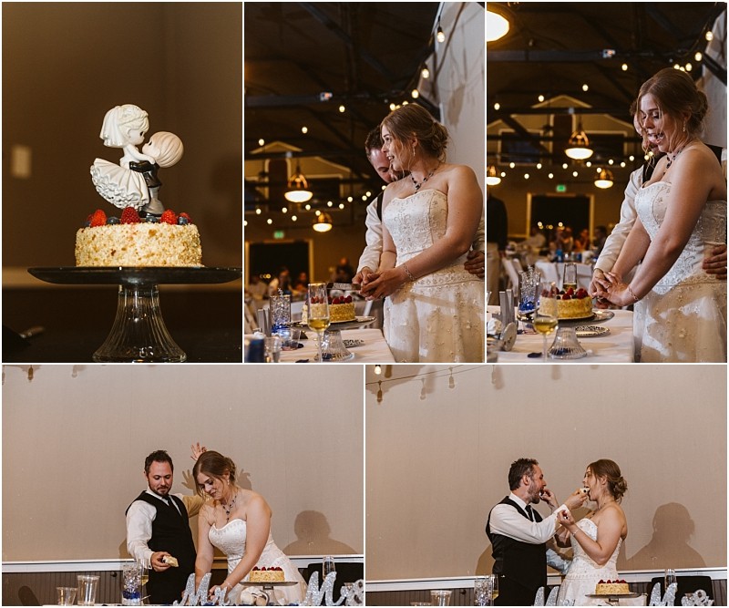 Premier Snohomish & Seattle Wedding Photographer | GSquared Weddings Photography A bride and groom cut and share a wedding cake, smiling and laughing together at their Snohomish Seattle wedding. The cake features a topper of a couple kissing, red berries, and is set in a warmly lit reception hall. 47.9129° N, 122.0982° W | Serving Snohomish, Seattle , Orlando & Beyond