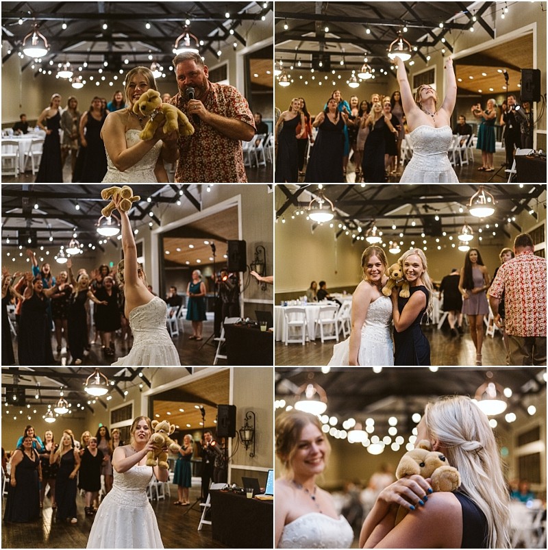 Premier Snohomish & Seattle Wedding Photographer | GSquared Weddings Photography At a Snohomish wedding near Seattle, a bride tosses a teddy bear instead of a bouquet. One woman catches it, hugs the bear, and poses happily with the bride and others in the decorated reception hall celebrating their engagement. 47.9129° N, 122.0982° W | Serving Snohomish, Seattle , Orlando & Beyond