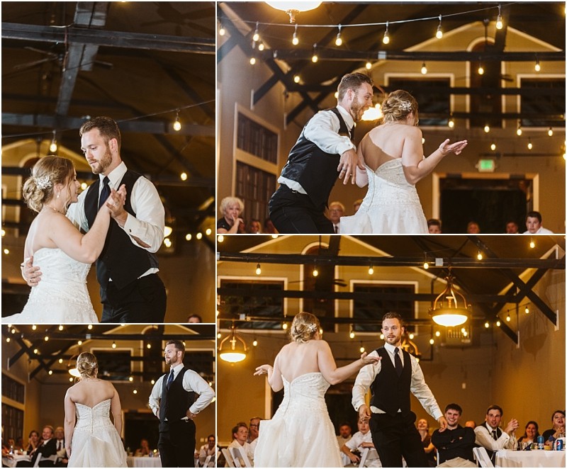 Premier Snohomish & Seattle Wedding Photographer | GSquared Weddings Photography A bride and groom, dressed in formal wedding attire, dance together under string lights in a warmly lit Snohomish reception hall, surrounded by guests from Seattle watching and smiling. 47.9129° N, 122.0982° W | Serving Snohomish, Seattle , Orlando & Beyond