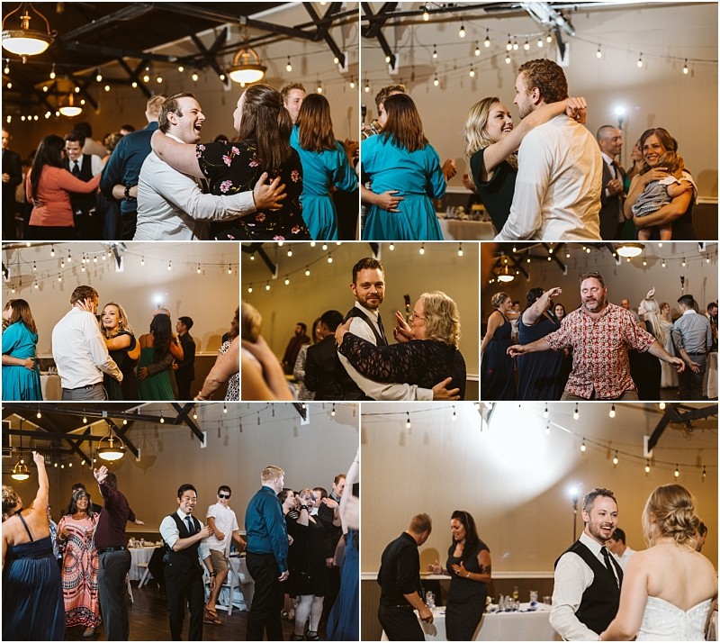 Premier Snohomish & Seattle Wedding Photographer | GSquared Weddings Photography A collage of Snohomish wedding reception photos shows guests dancing, laughing, and socializing under string lights in a warmly lit, rustic venue. People are dressed in formal and semi-formal attire, enjoying the celebration together. 47.9129° N, 122.0982° W | Serving Snohomish, Seattle , Orlando & Beyond