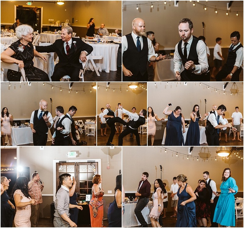 Premier Snohomish & Seattle Wedding Photographer | GSquared Weddings Photography A collage of Snohomish wedding reception photos shows guests of various ages dancing energetically and celebrating together in a warmly lit banquet hall decorated with string lights. 47.9129° N, 122.0982° W | Serving Snohomish, Seattle , Orlando & Beyond
