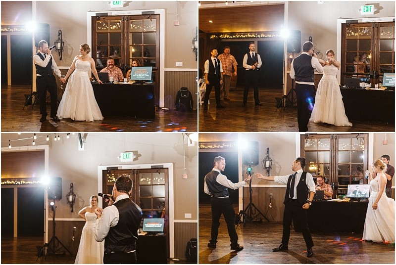 Premier Snohomish & Seattle Wedding Photographer | GSquared Weddings Photography Four photos of a Snohomish wedding reception: A bride and groom hold hands and dance, watched by guests and a DJ. The groom later dances with a man, both smiling, while the bride looks on. String lights decorate the room. 47.9129° N, 122.0982° W | Serving Snohomish, Seattle , Orlando & Beyond