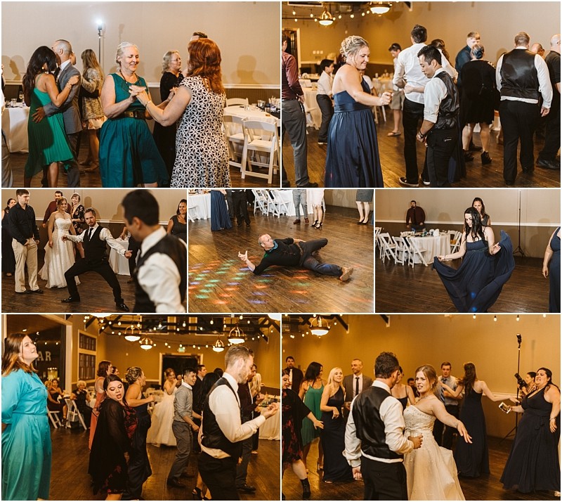 Premier Snohomish & Seattle Wedding Photographer | GSquared Weddings Photography A collage of Snohomish wedding reception photos shows guests and the couple dancing, laughing, posing, and celebrating together in a warmly lit venue with wooden floors and string lights. 47.9129° N, 122.0982° W | Serving Snohomish, Seattle , Orlando & Beyond
