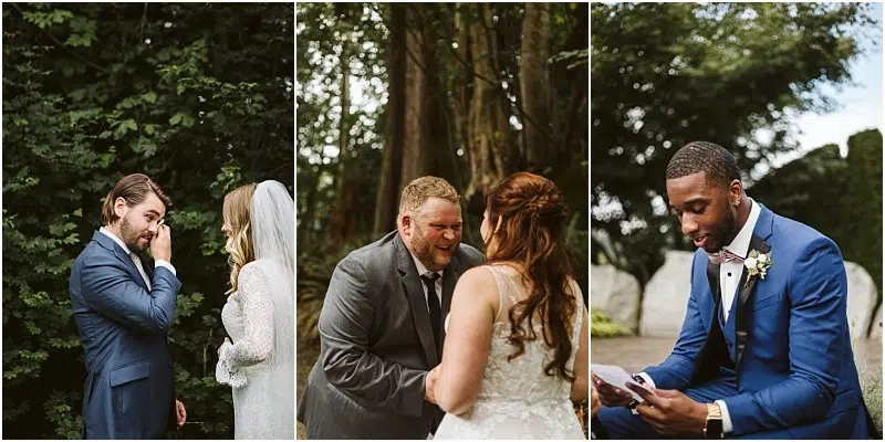 Premier Snohomish & Seattle Wedding Photographer | GSquared Weddings Photography A collage of three couples at Snohomish and Seattle outdoor weddings: the first couple smiling and wiping away tears, the second laughing together, and the third man in a suit reading an engagement letter with an emotional expression. 47.9129° N, 122.0982° W | Serving Snohomish, Seattle , Orlando & Beyond