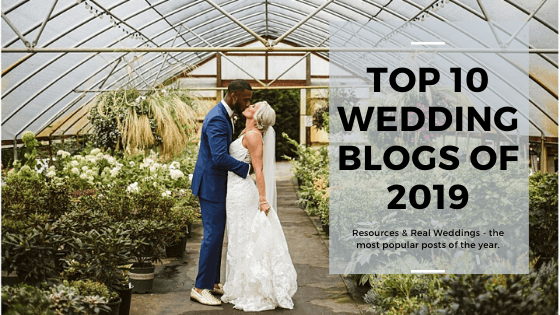 A bride and groom embrace and kiss in a Snohomish greenhouse filled with plants, with text overlay reading Top 10 Wedding Blogs of 2019. Resources & Real Weddings - the most popular posts of the year. Snohomish Wedding Photography