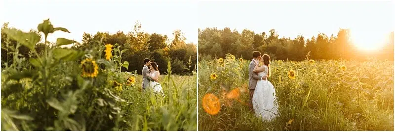 Snohomish & Seattle Wedding Photographer | GSquared Weddings Photography A couple in wedding attire embraces in a field of tall grass and sunflowers, surrounded by greenery and bathed in warm, golden sunset light—capturing the essence of Wedding Couples and the Best of 2019 moments. 47.9129° N, 122.0982° W | wedding photo by GSquared Weddings