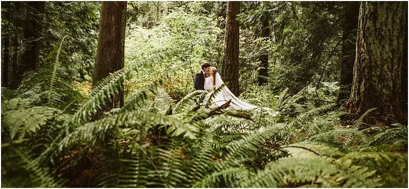 A bride and groom stand together in a lush Snohomish forest surrounded by tall trees and ferns, sharing an intimate moment on their wedding day. Snohomish Wedding Photography