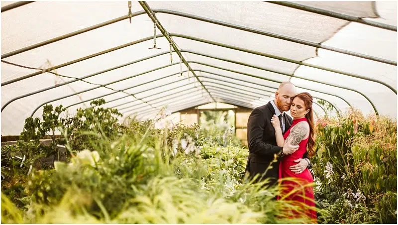 A couple embraces in a Snohomish greenhouse filled with lush greenery. The man wears a black suit and the tattooed woman a red dress as they stand close together, surrounded by plants beneath a translucent roof. Snohomish Wedding Photography