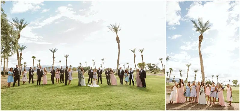 A wedding party stands in a lush, green Snohomish outdoor setting with tall palm trees and a bright sky. The group is dressed in formal attire, with bridesmaids in pastel dresses and groomsmen in suits. Snohomish Wedding Photography