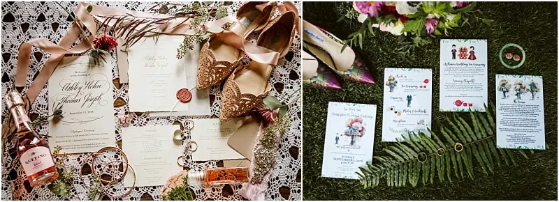 Two flat lay arrangements of wedding invitations and accessories: the left features elegant cream invitations, flowers, lace, and gold shoes; the right captures a whimsical Snohomish vibe with illustrated invitations on grass, greenery, and colorful shoes. Snohomish Wedding Photography