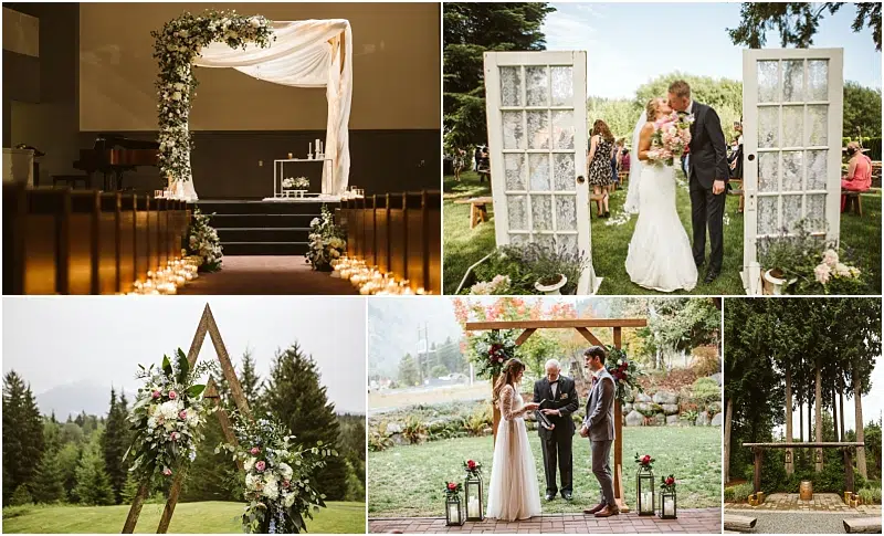 A collage of five Snohomish wedding ceremonies, each featuring unique outdoor and indoor altars decorated with flowers, drapes, or vintage doors, with couples exchanging vows or walking down the aisle. Snohomish Wedding Photography