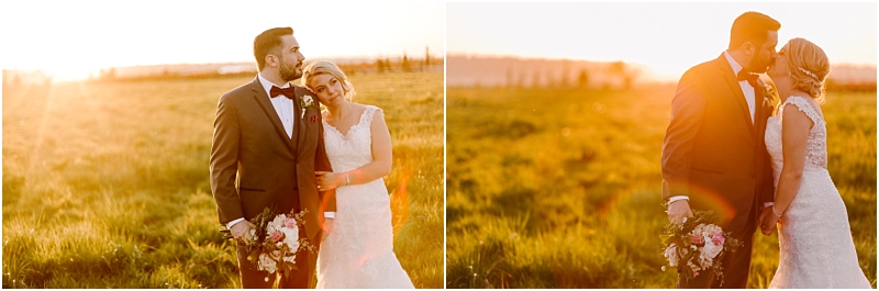 hidden meadows wedding in spring of 2021 with gorgeous sunset and couple snuggling