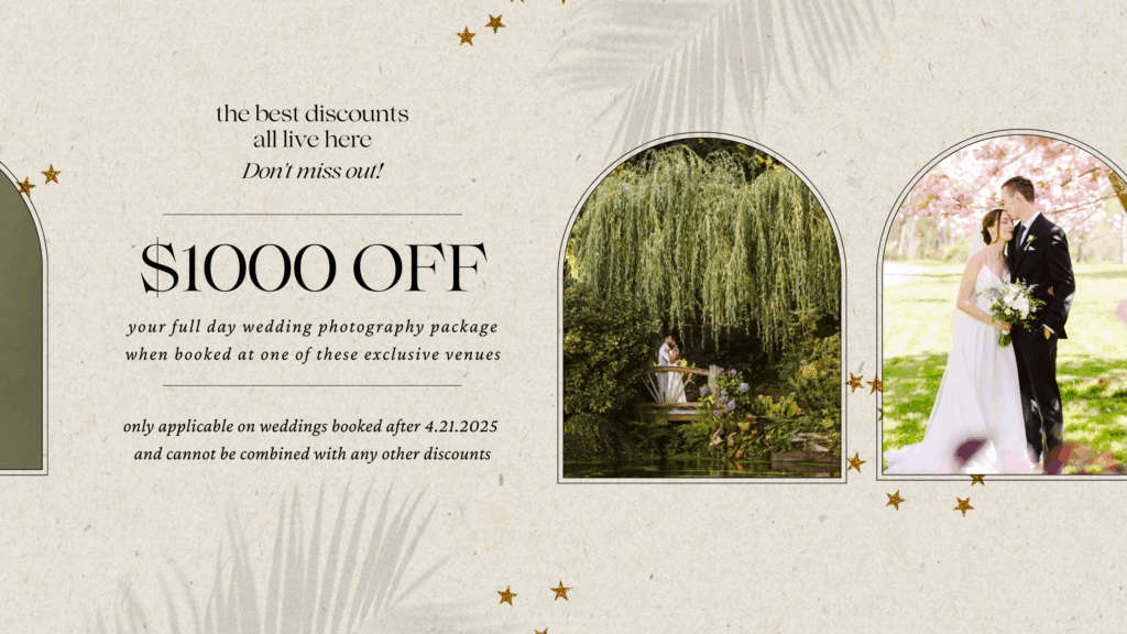 Snohomish Wedding Photographer GSquared Weddings A wedding photography promo offering $1000 off full-day packages and an exclusive wedding venue discount, with images of a bride and groom by a pond and under pink blossoms. Text notes terms amid soft foliage and star designs in the background. Serving Seattle, Snohomish and Orlando