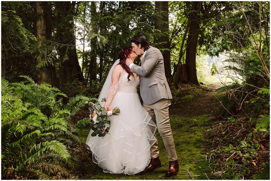 twin willow garden wedding with bride and groom in the forest
