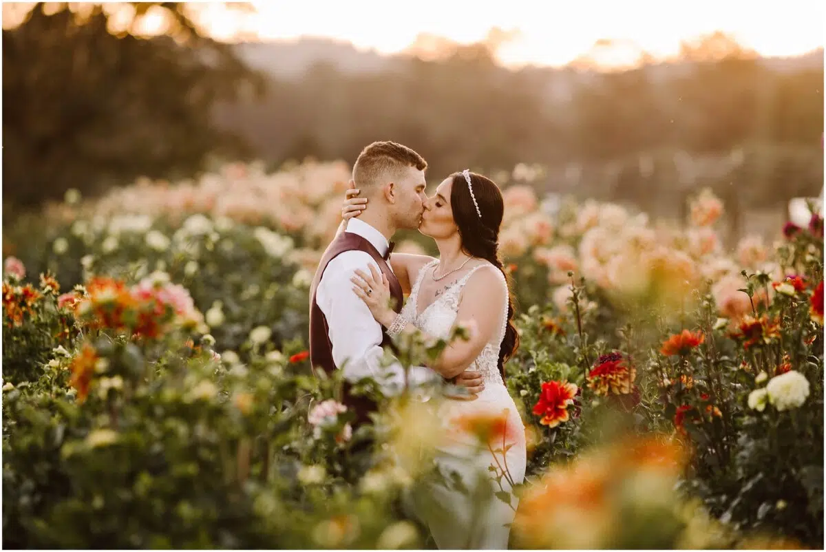 Falling Water Gardens Wedding Dahlia Garden with Bride and Groom