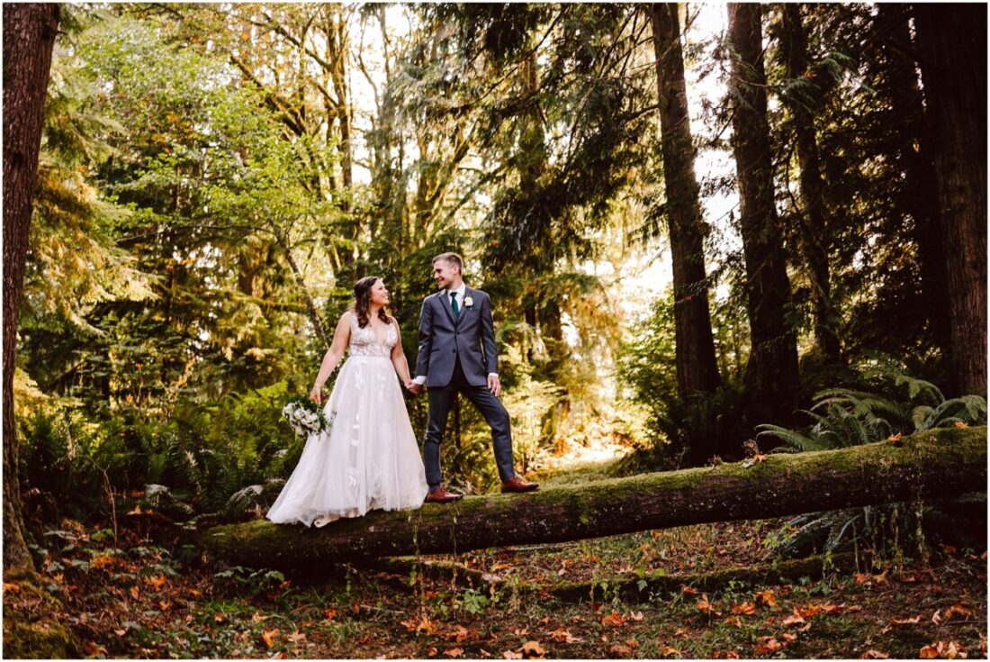 National Park inspired wedding at The Lookout Lodge in Snohomish bride and groom standing on a fallen tree