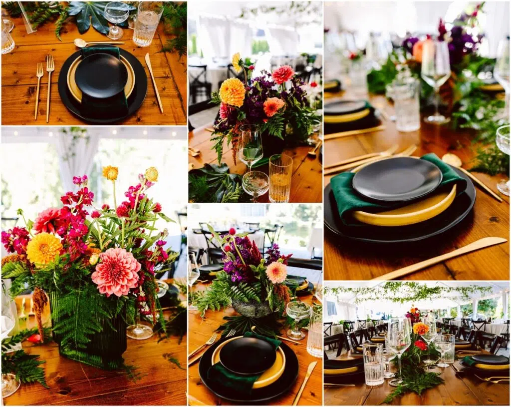 Colorful wedding at Gray Bridge with tropical floral from Tenderheart Botanicals