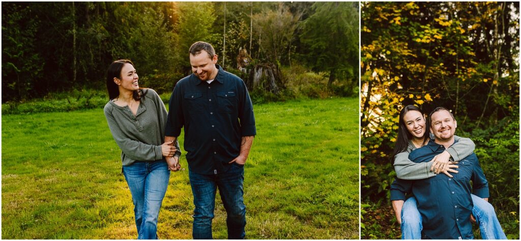 Snohomish Wedding Photographer GSquared Weddings A couple walking hand in hand on a grassy field surrounded by trees, smiling at each other. Another image shows the woman playfully on the mans back, both grinning, with sunlight filtering through the leaves in the background. Serving Seattle, Snohomish and Orlando