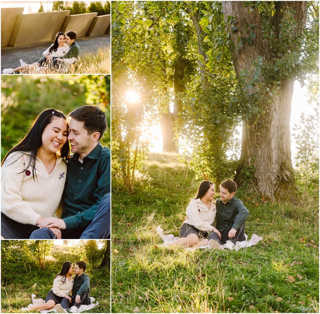 Snohomish Wedding Photographer GSquared Weddings A couple enjoys a sunny day at a park, celebrating their engagement. They sit together on a blanket, surrounded by lush green trees. The sunlight filters through the leaves, creating a warm, golden glow as they smile and share affectionate moments. Serving Seattle, Snohomish and Orlando