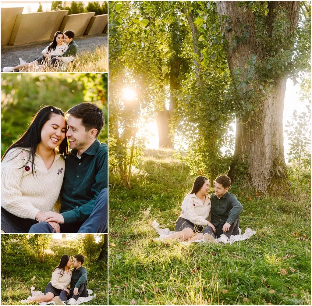 Snohomish Wedding Photographer GSquared Weddings A couple enjoys a sunny day at a park, celebrating their engagement. They sit together on a blanket, surrounded by lush green trees. The sunlight filters through the leaves, creating a warm, golden glow as they smile and share affectionate moments. Serving Seattle, Snohomish and Orlando